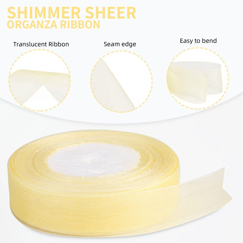 molshine 50 Yards x 1 Inch Shimmer Sheer Organza Ribbon,Chiffon Fabric Ribbons for Bouquets Garland,Bowknot,Wedding,Gift Wrapping,Hair,Crafts,Decoration (Light Yellow) - Image 3